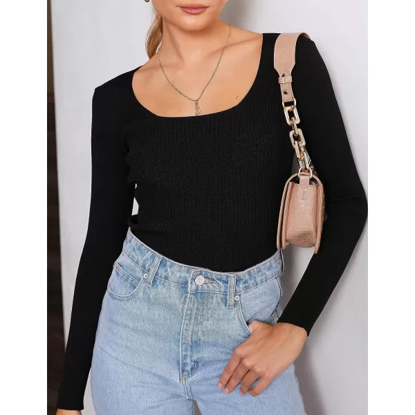 imageZESICA Womens 2023 Long Sleeve Square Neck T Shirts Slim Fitted Elegant Fall Ribbed Knit Casual Tee TopsBlack