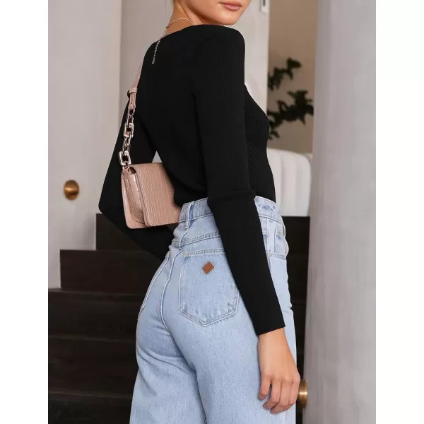 imageZESICA Womens 2023 Long Sleeve Square Neck T Shirts Slim Fitted Elegant Fall Ribbed Knit Casual Tee TopsBlack