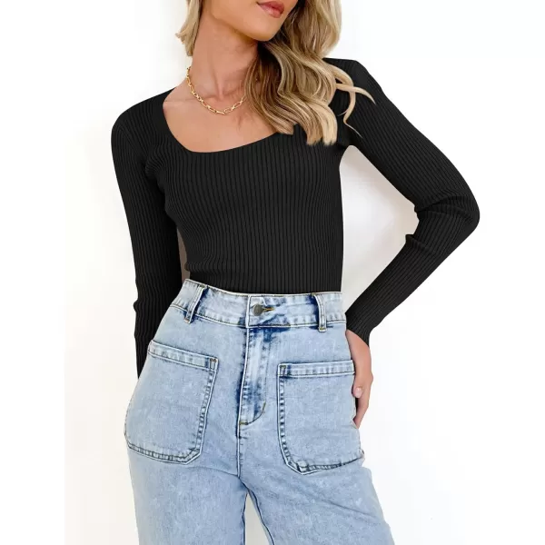 imageZESICA Womens 2023 Long Sleeve Square Neck T Shirts Slim Fitted Elegant Fall Ribbed Knit Casual Tee TopsBlack