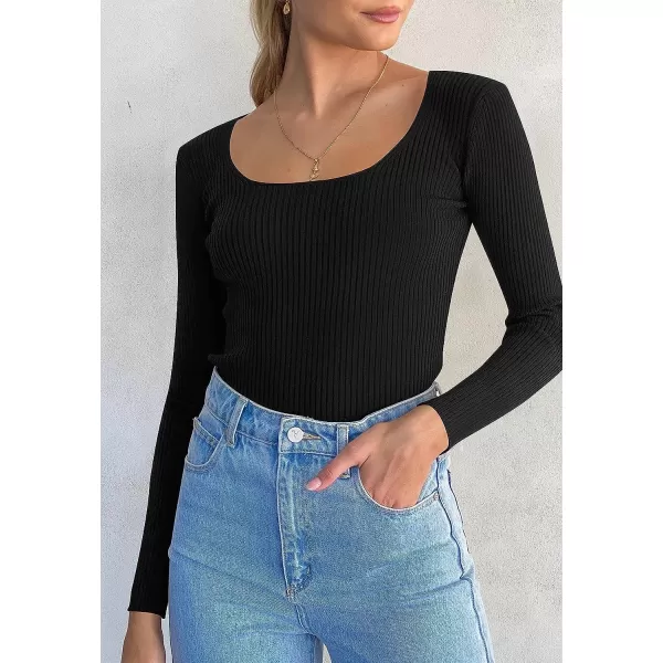 imageZESICA Womens 2023 Long Sleeve Square Neck T Shirts Slim Fitted Elegant Fall Ribbed Knit Casual Tee TopsBlack
