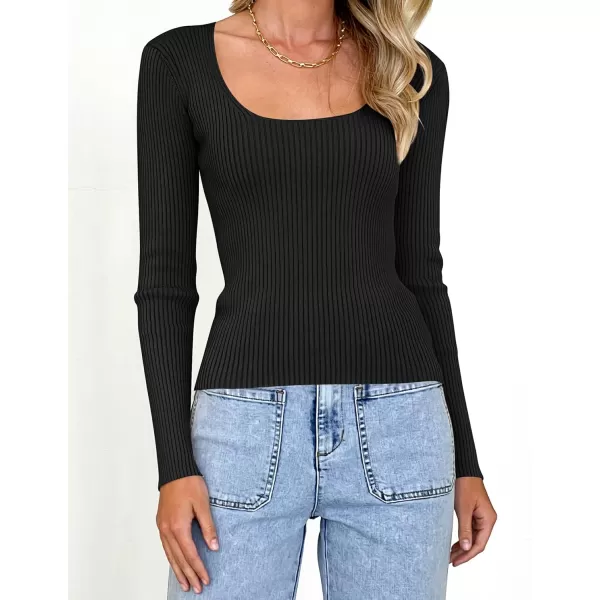 imageZESICA Womens 2023 Long Sleeve Square Neck T Shirts Slim Fitted Elegant Fall Ribbed Knit Casual Tee TopsBlack