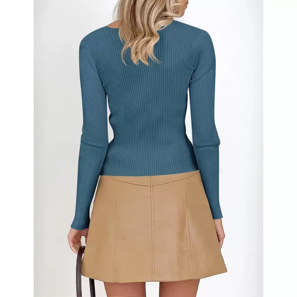 imageZESICA Womens 2023 Long Sleeve Square Neck T Shirts Slim Fitted Elegant Fall Ribbed Knit Casual Tee TopsDarkblue