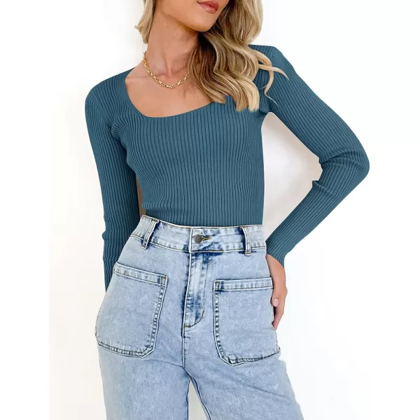 imageZESICA Womens 2023 Long Sleeve Square Neck T Shirts Slim Fitted Elegant Fall Ribbed Knit Casual Tee TopsDarkblue