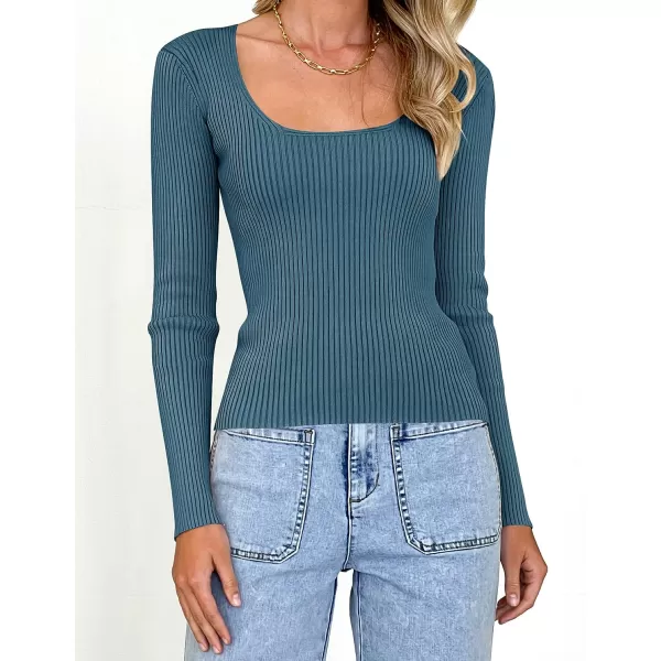 imageZESICA Womens 2023 Long Sleeve Square Neck T Shirts Slim Fitted Elegant Fall Ribbed Knit Casual Tee TopsDarkblue