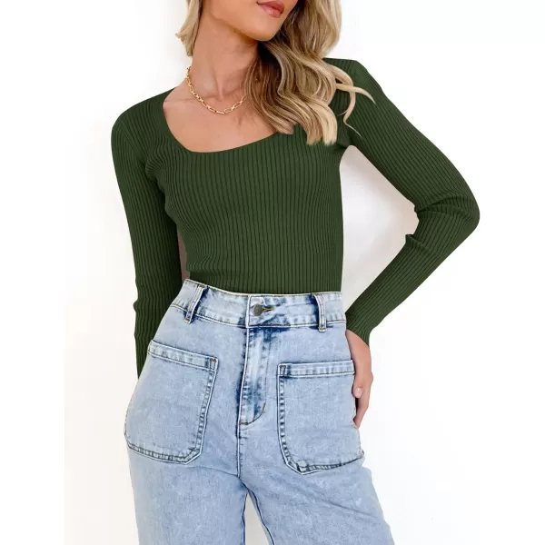 imageZESICA Womens 2023 Long Sleeve Square Neck T Shirts Slim Fitted Elegant Fall Ribbed Knit Casual Tee TopsDarkgreen