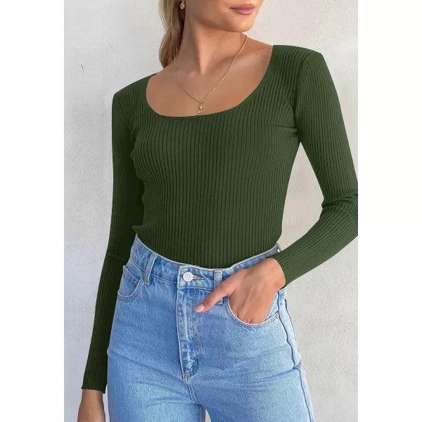 imageZESICA Womens 2023 Long Sleeve Square Neck T Shirts Slim Fitted Elegant Fall Ribbed Knit Casual Tee TopsDarkgreen