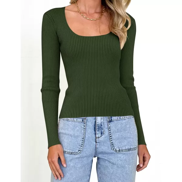 imageZESICA Womens 2023 Long Sleeve Square Neck T Shirts Slim Fitted Elegant Fall Ribbed Knit Casual Tee TopsDarkgreen