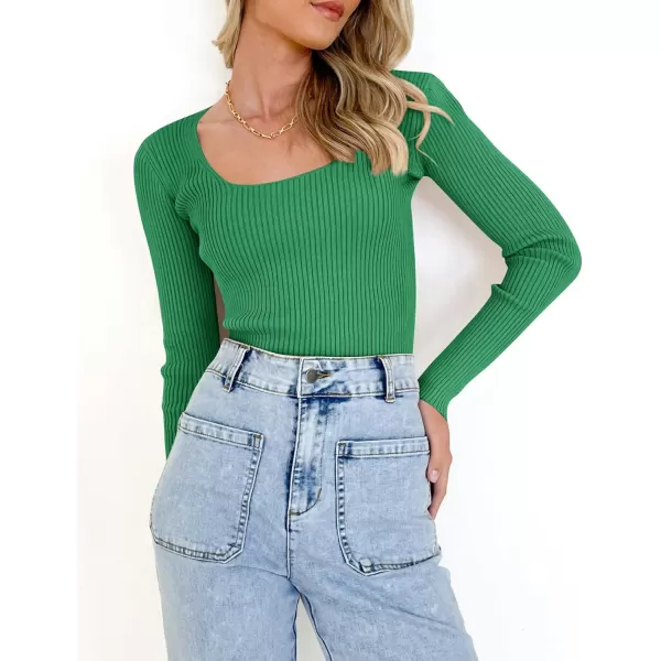 imageZESICA Womens 2023 Long Sleeve Square Neck T Shirts Slim Fitted Elegant Fall Ribbed Knit Casual Tee TopsGreen