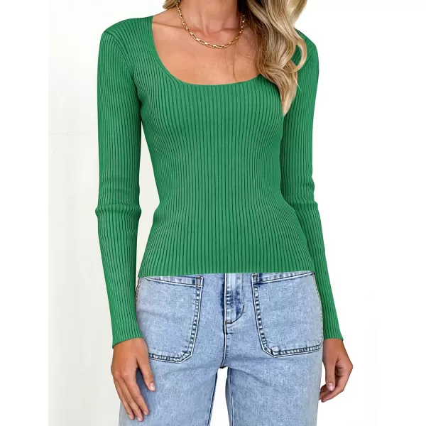 imageZESICA Womens 2023 Long Sleeve Square Neck T Shirts Slim Fitted Elegant Fall Ribbed Knit Casual Tee TopsGreen