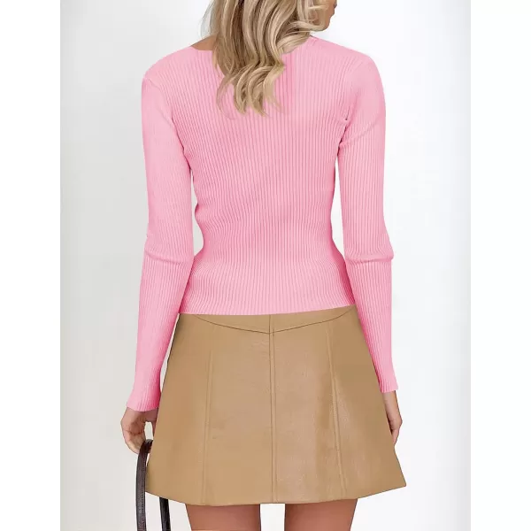 imageZESICA Womens 2023 Long Sleeve Square Neck T Shirts Slim Fitted Elegant Fall Ribbed Knit Casual Tee TopsHotpink