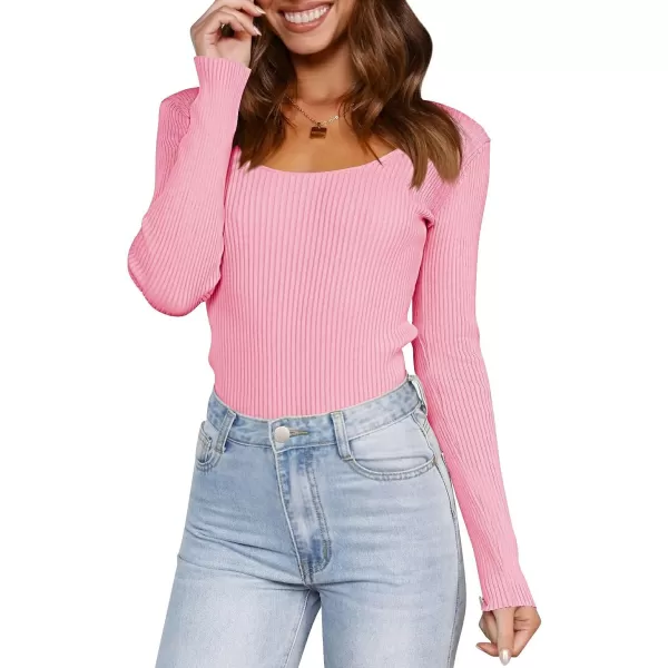 imageZESICA Womens 2023 Long Sleeve Square Neck T Shirts Slim Fitted Elegant Fall Ribbed Knit Casual Tee TopsHotpink