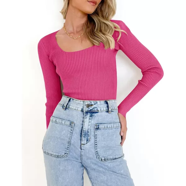 imageZESICA Womens 2023 Long Sleeve Square Neck T Shirts Slim Fitted Elegant Fall Ribbed Knit Casual Tee TopsRose