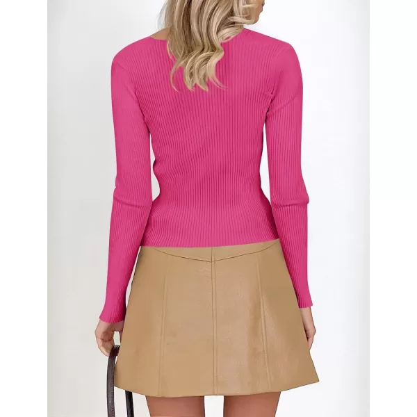 imageZESICA Womens 2023 Long Sleeve Square Neck T Shirts Slim Fitted Elegant Fall Ribbed Knit Casual Tee TopsRose