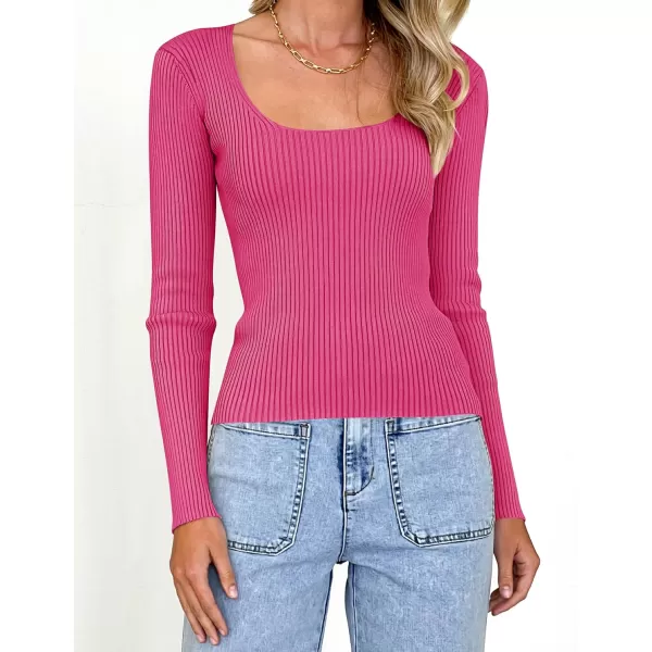 imageZESICA Womens 2023 Long Sleeve Square Neck T Shirts Slim Fitted Elegant Fall Ribbed Knit Casual Tee TopsRose
