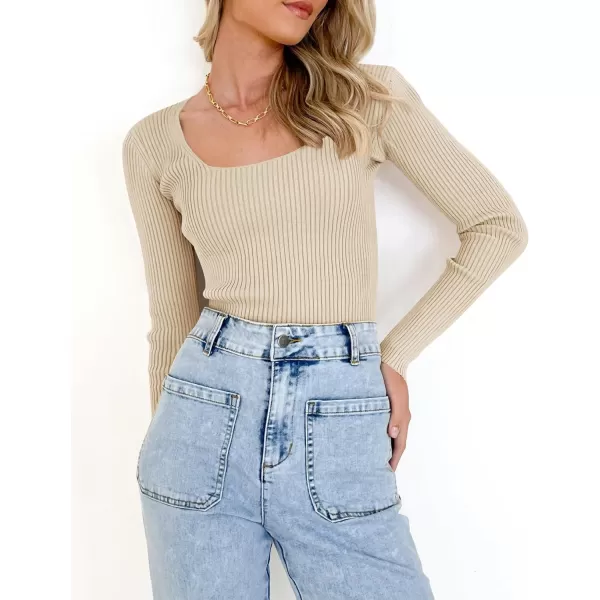 imageZESICA Womens 2023 Long Sleeve Square Neck T Shirts Slim Fitted Elegant Fall Ribbed Knit Casual Tee TopsSand