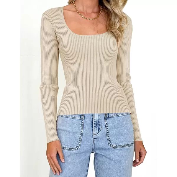 imageZESICA Womens 2023 Long Sleeve Square Neck T Shirts Slim Fitted Elegant Fall Ribbed Knit Casual Tee TopsSand