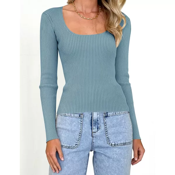 imageZESICA Womens 2023 Long Sleeve Square Neck T Shirts Slim Fitted Elegant Fall Ribbed Knit Casual Tee TopsSky