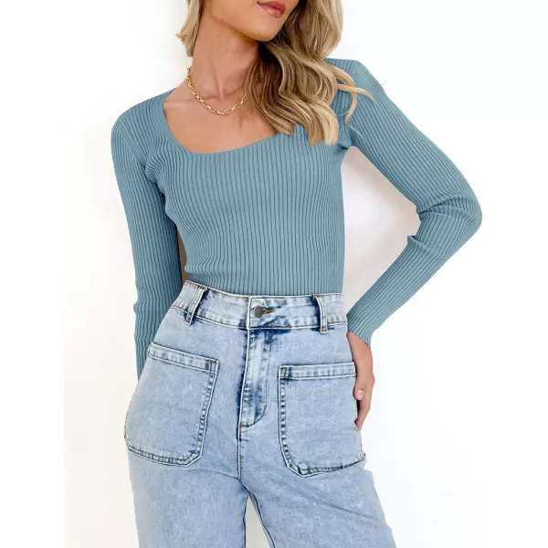 imageZESICA Womens 2023 Long Sleeve Square Neck T Shirts Slim Fitted Elegant Fall Ribbed Knit Casual Tee TopsSky