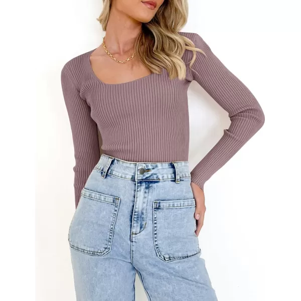 imageZESICA Womens 2023 Long Sleeve Square Neck T Shirts Slim Fitted Elegant Fall Ribbed Knit Casual Tee TopsTaro