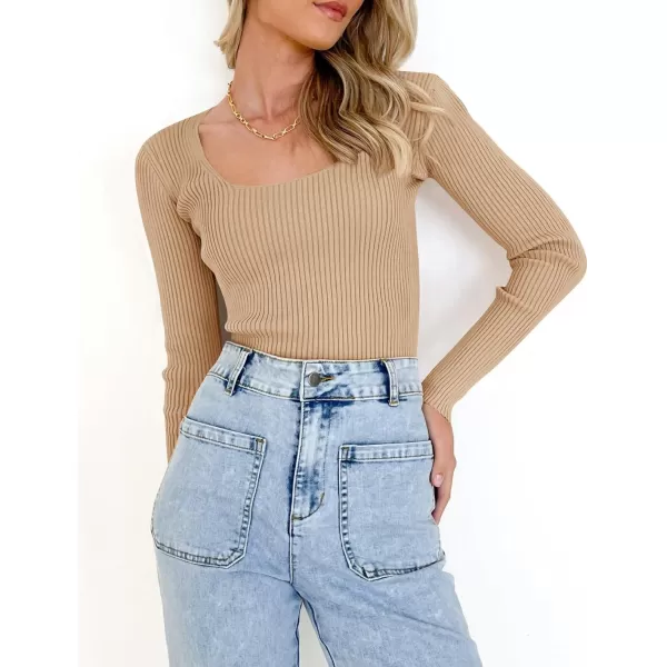 imageZESICA Womens 2023 Long Sleeve Square Neck T Shirts Slim Fitted Elegant Fall Ribbed Knit Casual Tee TopsToffee