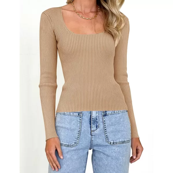 imageZESICA Womens 2023 Long Sleeve Square Neck T Shirts Slim Fitted Elegant Fall Ribbed Knit Casual Tee TopsToffee