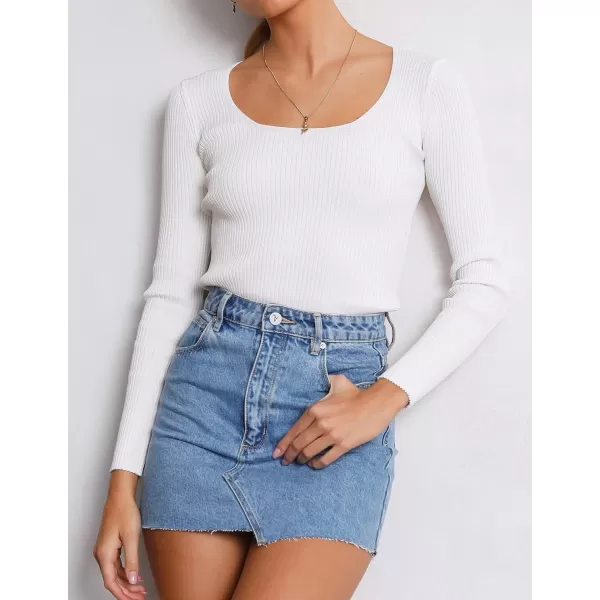 imageZESICA Womens 2023 Long Sleeve Square Neck T Shirts Slim Fitted Elegant Fall Ribbed Knit Casual Tee TopsWhite