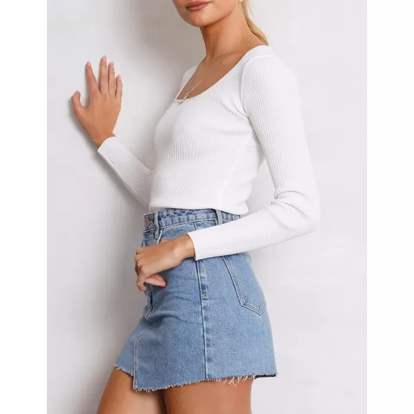 imageZESICA Womens 2023 Long Sleeve Square Neck T Shirts Slim Fitted Elegant Fall Ribbed Knit Casual Tee TopsWhite