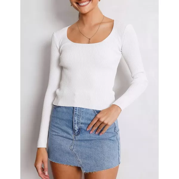 imageZESICA Womens 2023 Long Sleeve Square Neck T Shirts Slim Fitted Elegant Fall Ribbed Knit Casual Tee TopsWhite