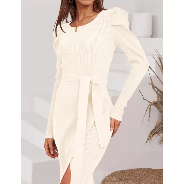 imageZESICA Womens 2023 Long Sleeve Sweater Dress Ribbed Knit Crew Neck Tie Waist Bodycon Slit Midi DressesApricot