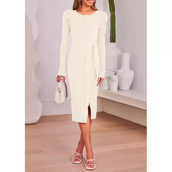 imageZESICA Womens 2023 Long Sleeve Sweater Dress Ribbed Knit Crew Neck Tie Waist Bodycon Slit Midi DressesApricot