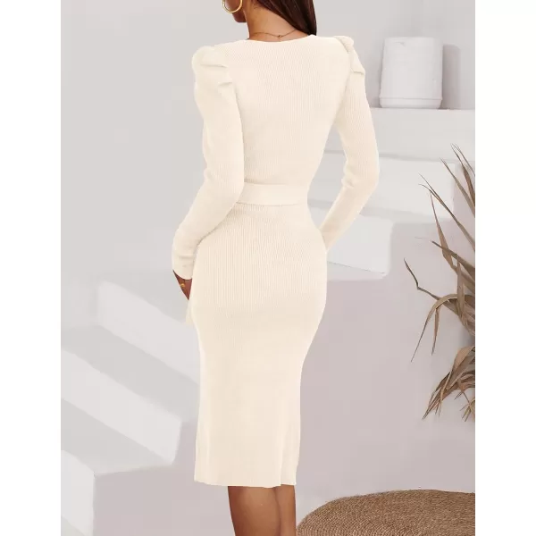 imageZESICA Womens 2023 Long Sleeve Sweater Dress Ribbed Knit Crew Neck Tie Waist Bodycon Slit Midi DressesApricot