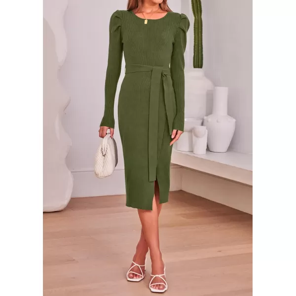 imageZESICA Womens 2023 Long Sleeve Sweater Dress Ribbed Knit Crew Neck Tie Waist Bodycon Slit Midi DressesArmygreen