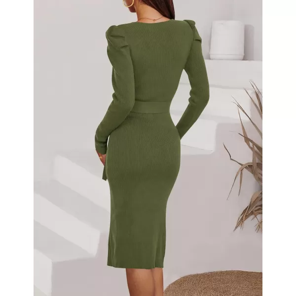 imageZESICA Womens 2023 Long Sleeve Sweater Dress Ribbed Knit Crew Neck Tie Waist Bodycon Slit Midi DressesArmygreen