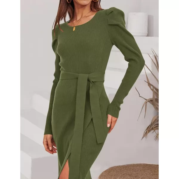imageZESICA Womens 2023 Long Sleeve Sweater Dress Ribbed Knit Crew Neck Tie Waist Bodycon Slit Midi DressesArmygreen
