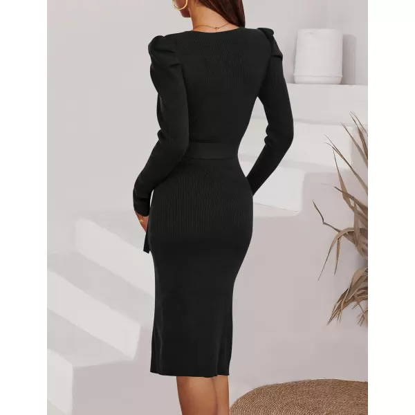 imageZESICA Womens 2023 Long Sleeve Sweater Dress Ribbed Knit Crew Neck Tie Waist Bodycon Slit Midi DressesBlack