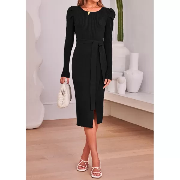 imageZESICA Womens 2023 Long Sleeve Sweater Dress Ribbed Knit Crew Neck Tie Waist Bodycon Slit Midi DressesBlack