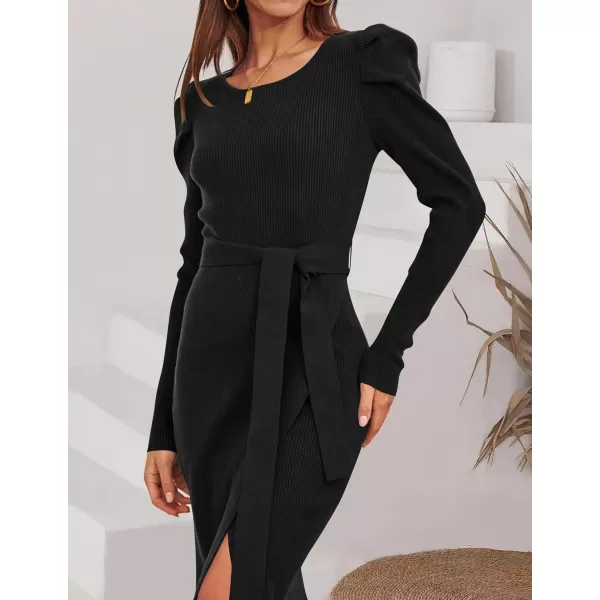 imageZESICA Womens 2023 Long Sleeve Sweater Dress Ribbed Knit Crew Neck Tie Waist Bodycon Slit Midi DressesBlack