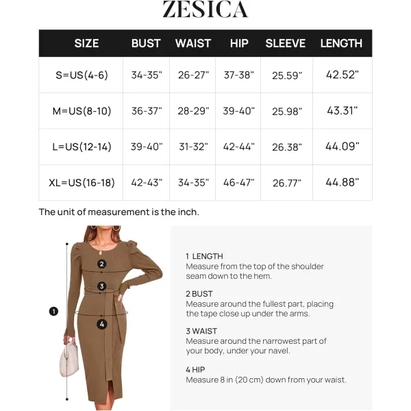 imageZESICA Womens 2023 Long Sleeve Sweater Dress Ribbed Knit Crew Neck Tie Waist Bodycon Slit Midi DressesBrown