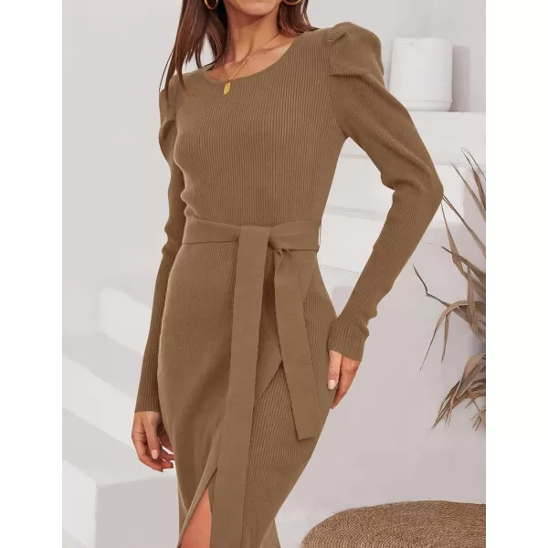 imageZESICA Womens 2023 Long Sleeve Sweater Dress Ribbed Knit Crew Neck Tie Waist Bodycon Slit Midi DressesBrown