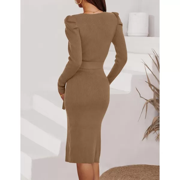 imageZESICA Womens 2023 Long Sleeve Sweater Dress Ribbed Knit Crew Neck Tie Waist Bodycon Slit Midi DressesBrown