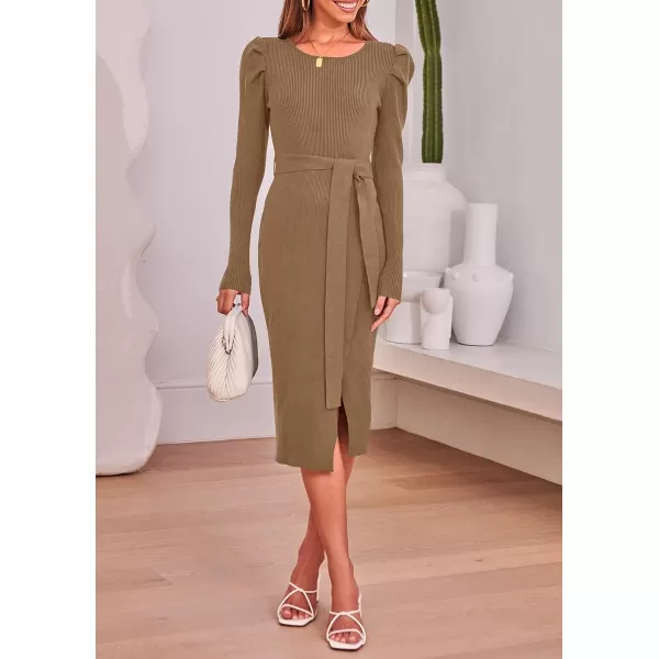 imageZESICA Womens 2023 Long Sleeve Sweater Dress Ribbed Knit Crew Neck Tie Waist Bodycon Slit Midi DressesBrown