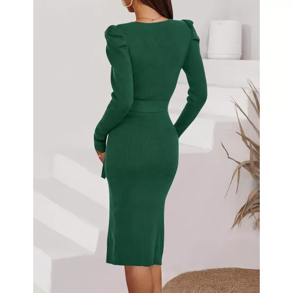 imageZESICA Womens 2023 Long Sleeve Sweater Dress Ribbed Knit Crew Neck Tie Waist Bodycon Slit Midi DressesDarkgreen