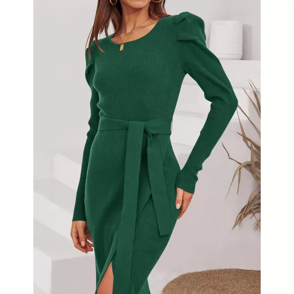imageZESICA Womens 2023 Long Sleeve Sweater Dress Ribbed Knit Crew Neck Tie Waist Bodycon Slit Midi DressesDarkgreen