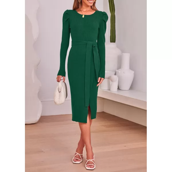 imageZESICA Womens 2023 Long Sleeve Sweater Dress Ribbed Knit Crew Neck Tie Waist Bodycon Slit Midi DressesDarkgreen
