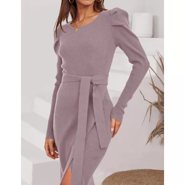 imageZESICA Womens 2023 Long Sleeve Sweater Dress Ribbed Knit Crew Neck Tie Waist Bodycon Slit Midi DressesDarkviolet