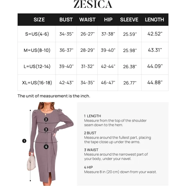 imageZESICA Womens 2023 Long Sleeve Sweater Dress Ribbed Knit Crew Neck Tie Waist Bodycon Slit Midi DressesDarkviolet