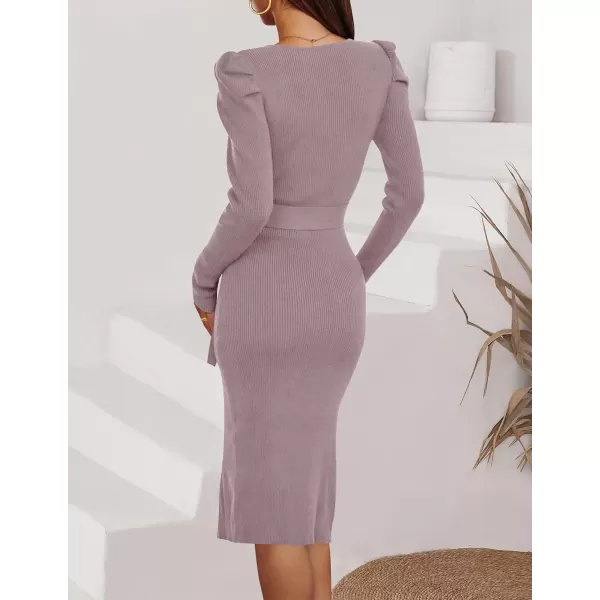 imageZESICA Womens 2023 Long Sleeve Sweater Dress Ribbed Knit Crew Neck Tie Waist Bodycon Slit Midi DressesDarkviolet
