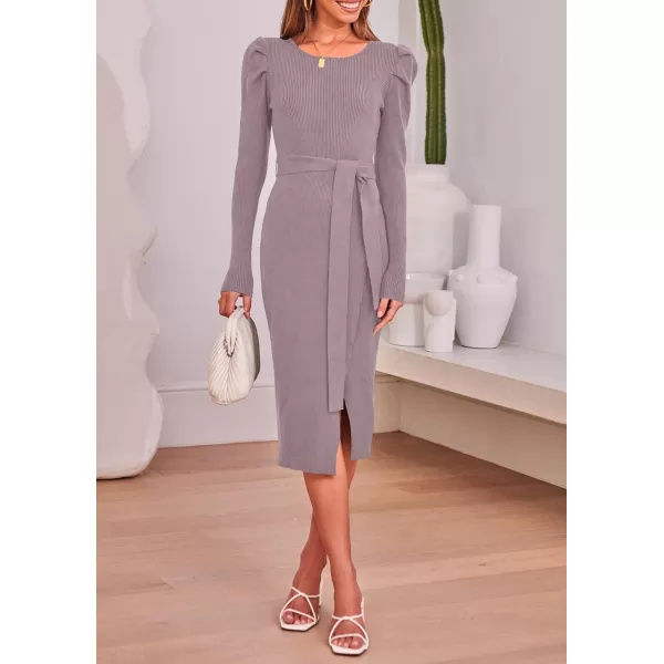 imageZESICA Womens 2023 Long Sleeve Sweater Dress Ribbed Knit Crew Neck Tie Waist Bodycon Slit Midi DressesDarkviolet