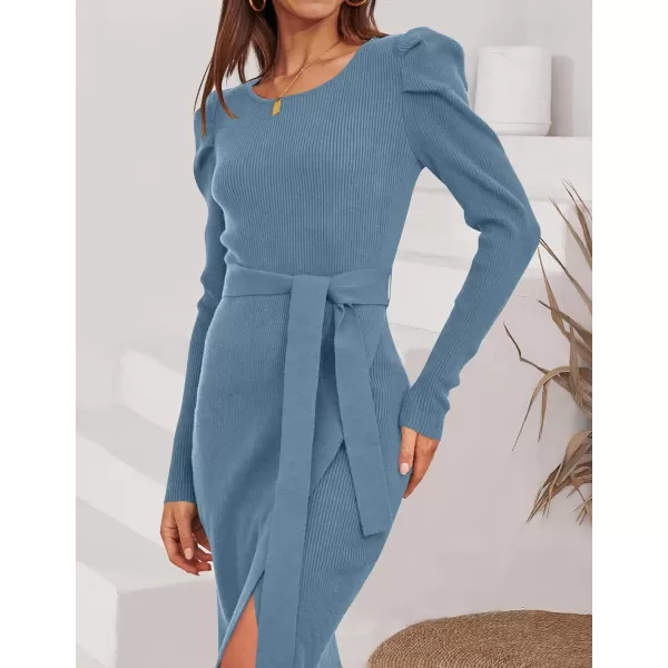 imageZESICA Womens 2023 Long Sleeve Sweater Dress Ribbed Knit Crew Neck Tie Waist Bodycon Slit Midi DressesDustyblue