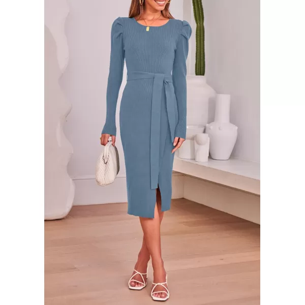 imageZESICA Womens 2023 Long Sleeve Sweater Dress Ribbed Knit Crew Neck Tie Waist Bodycon Slit Midi DressesDustyblue